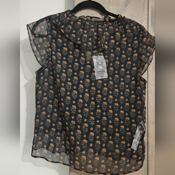 MANGO Black & Yellow Floral Ruffled Mock WrapTop. Size XS NWT - Picture 12 of 13